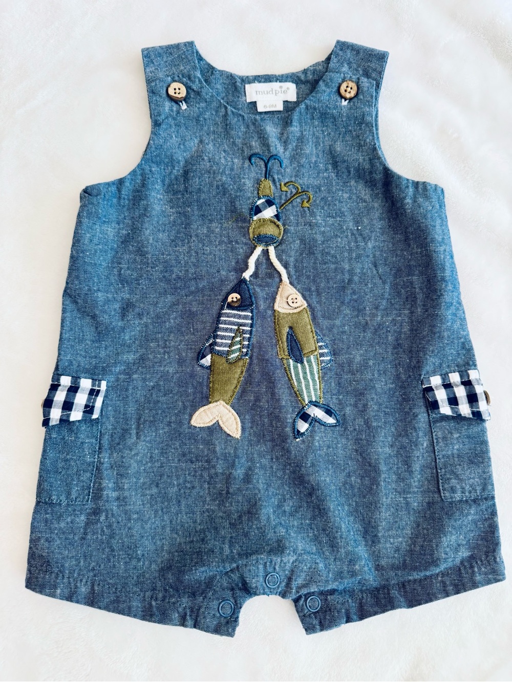 Mud Pie Infant Chambray Romper with Fish Appliqués (size 6-9M)